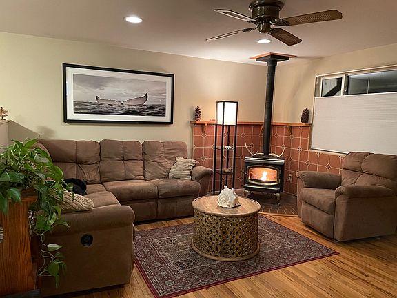 Living room with nice pellet stove and ceiling fan.