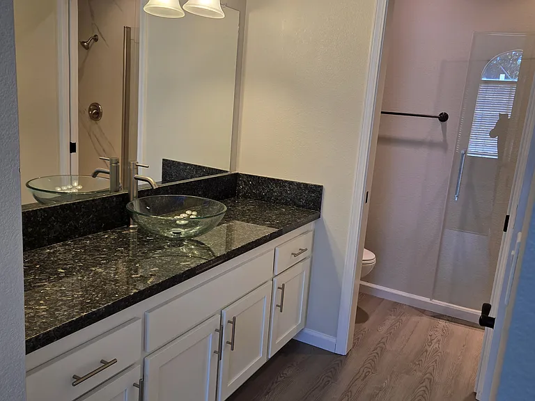 Beautifully renovated primary bath with premium finishes and a spa-inspired vanity.