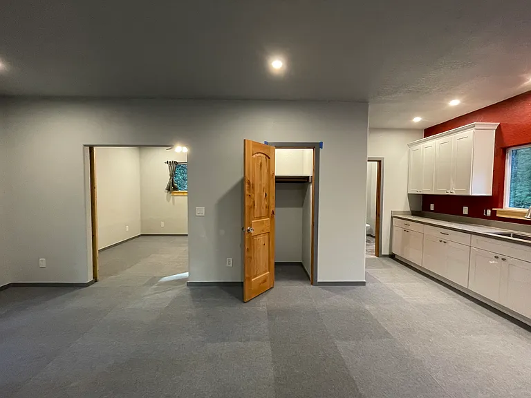 Entry closet in living room; open floor plan - living room and kitchen; barn door entry to bedroom