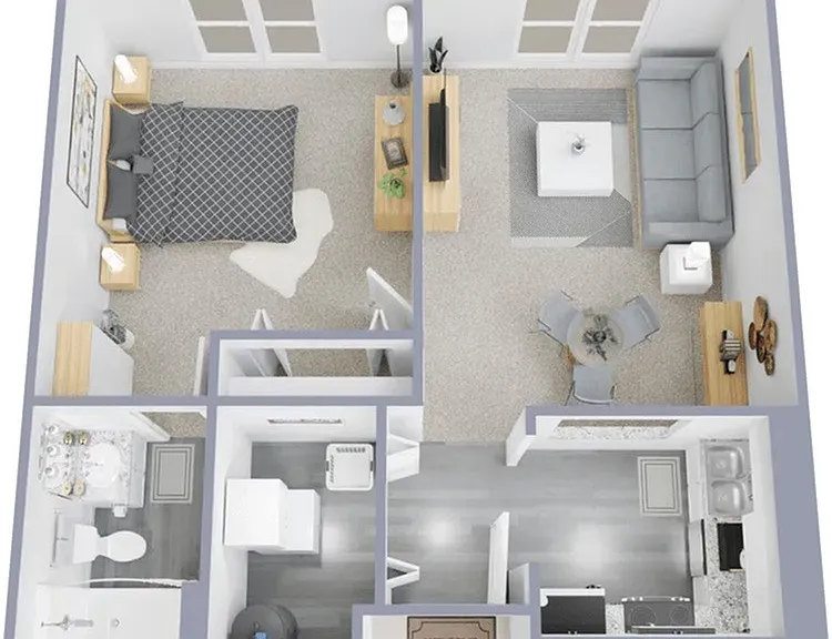 One bedroom, one bath, 605 square foot floor plan on the Washington Street side of the building One bedroom, one bath, 605 square foot floor plan on the Washington Street side of the building
