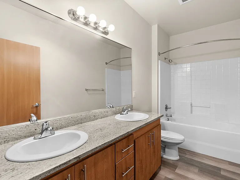 Elegant modern bathroom featuring dual sinks, granite countertops, and a spacious bathtub with overhead lighting. Elegant modern bathroom featuring dual sinks, granite countertops, and a spacious bathtub with overhead lighting.