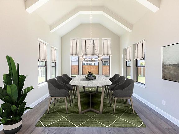 Beamed ceiling in dining room virtually staged for demonstration