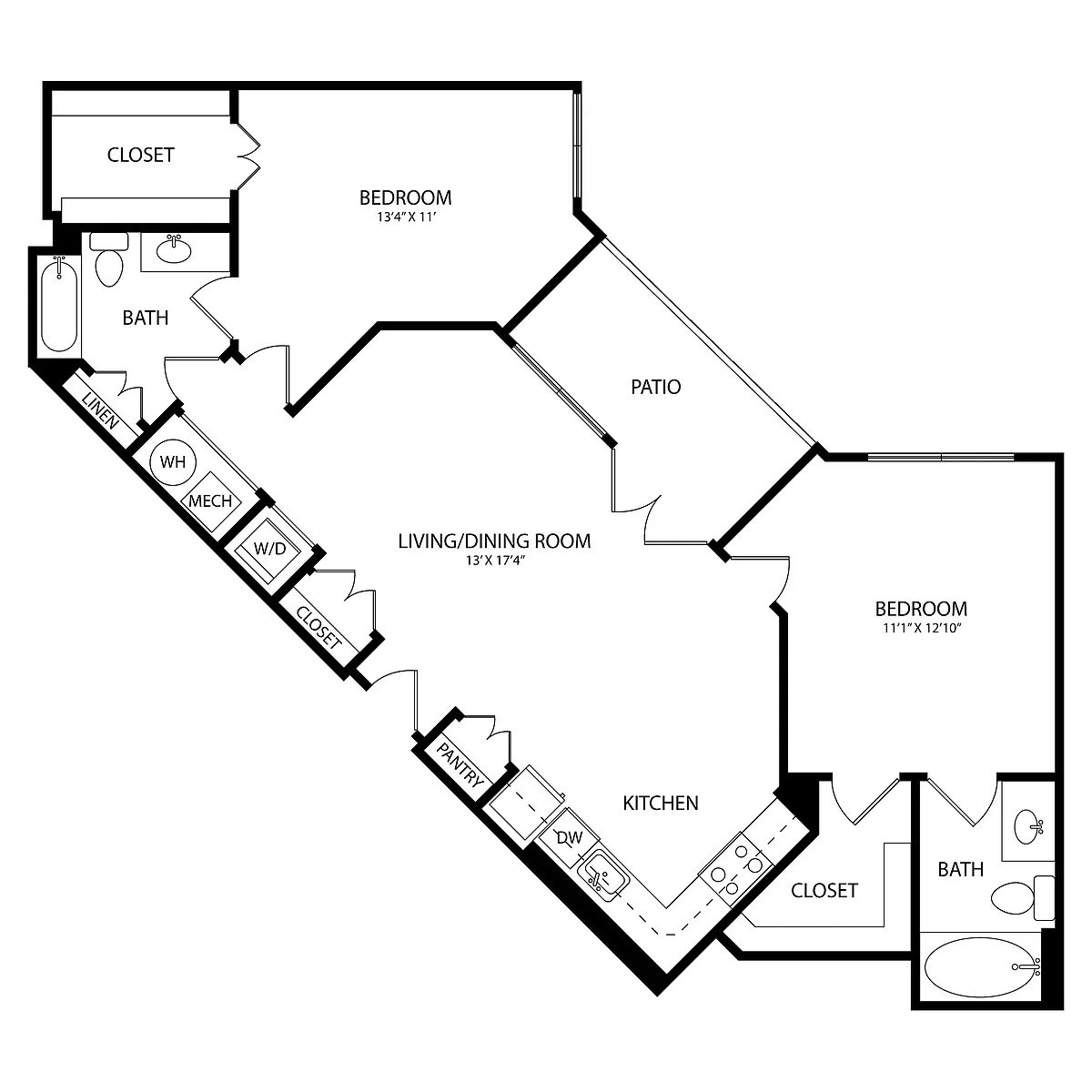 Floor plan 2 Bedroom, 2 Bath 1067 SF KC2.1