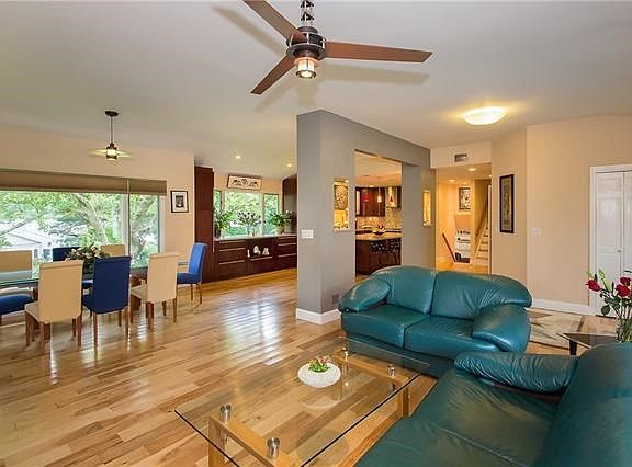 Gorgeous view of Living Room, Dining area and Kitchen.