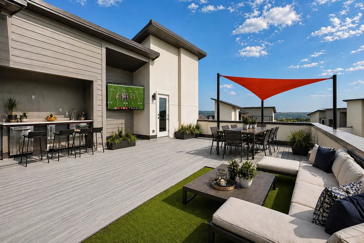 Expansive private rooftop deck with composite wood flooring,with a large wet bar & dedicated turf area, all set against breathtaking Lake Travis Hill Country view. Perfect for entertaining, sunbathing, or stargazing under the Texas sky. Life is Good here! - 4300 Mansfield Dam Rd #1021