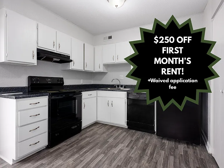 Elevate your lifestyle at Countryside Villa Apartments with an inviting kitchen featuring sleek black appliances and ample counter space. Don't miss out on our limited-time offer: $250 off your first month's rent! Apply today!