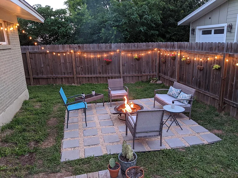 Yard staged with fire pit (previous tenant)