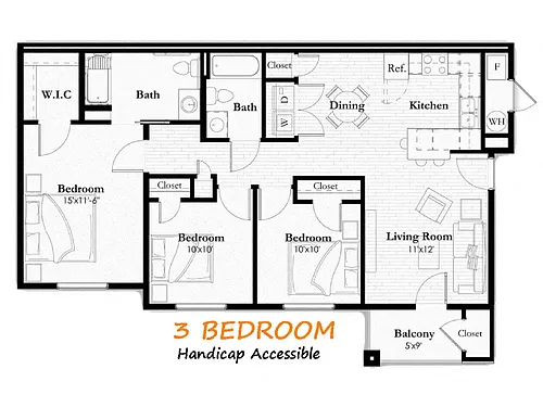 Floor plan 3 Bedroom, 2 Bath ADA