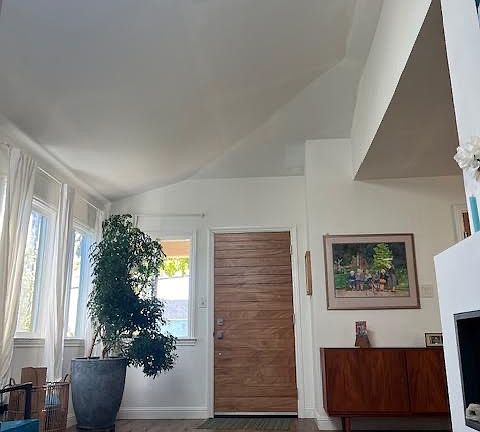 Front door, open living room with skylight