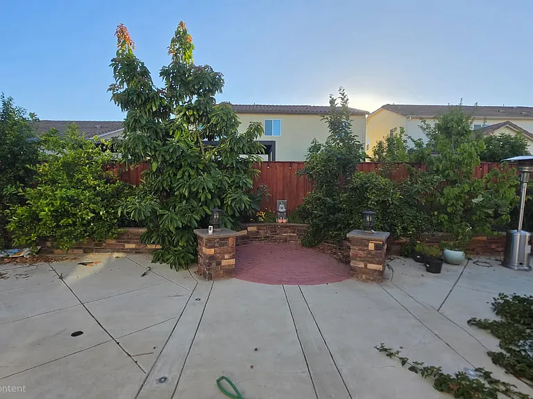 Backyard with frite trees , Retaining wall & lights