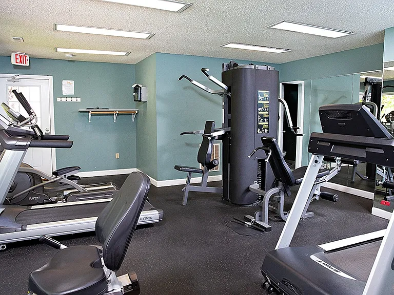 a gym with various exercise machines and weights