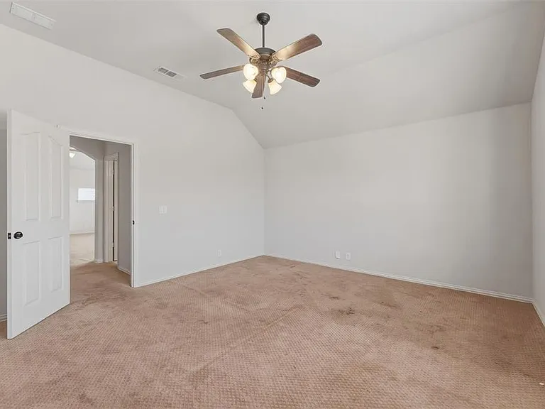 Bonus room with lofted ceiling, a ceiling fan, and carpet