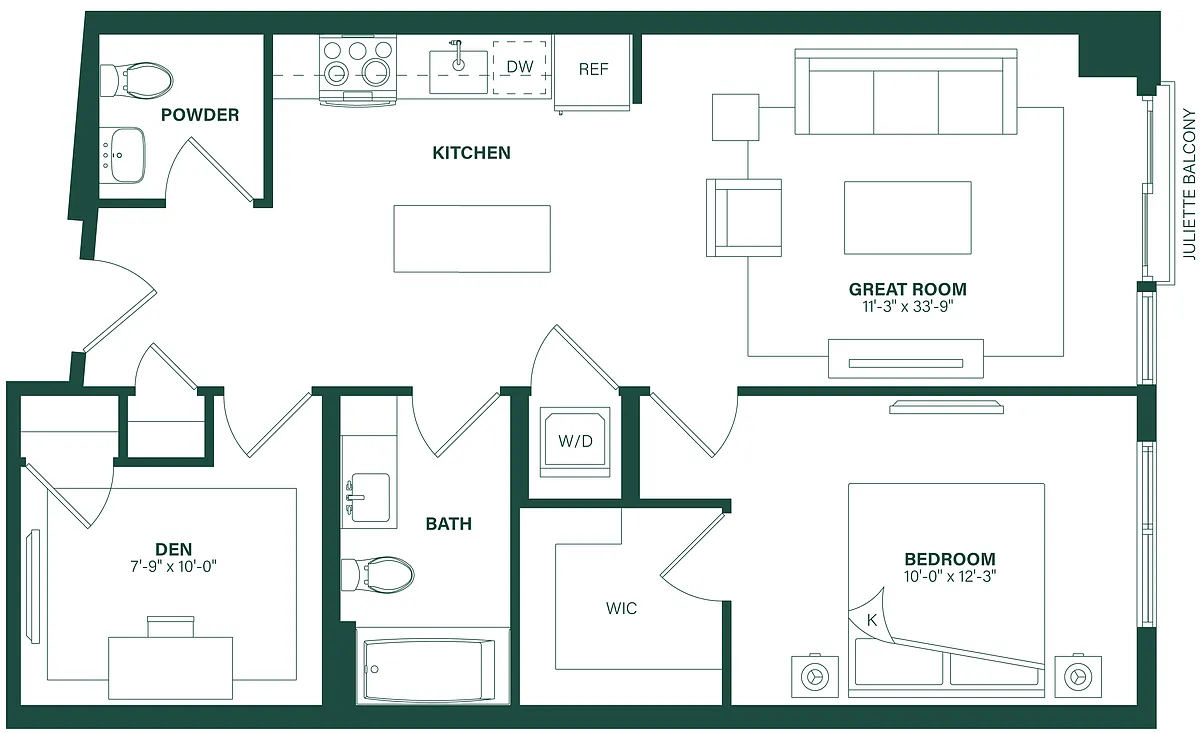 Floor plan 1 Bed/1.5 Bath Den-1L
