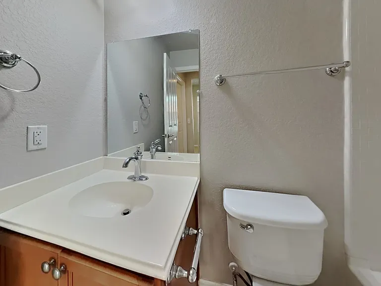 Brightly lit bathroom features