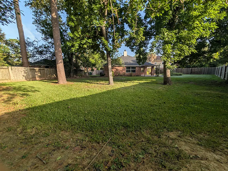 Mature trees along the perimeter offer natural shade and privacy across the sweeping backyard.
