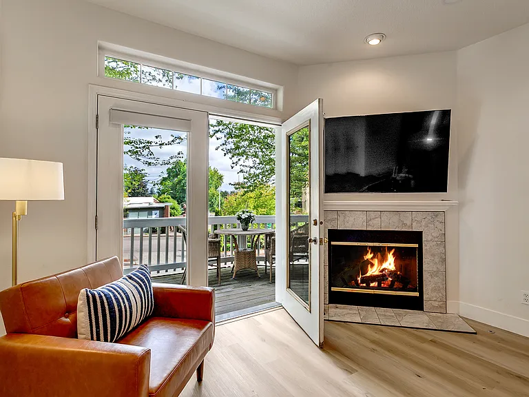 Living room wood burning fireplace