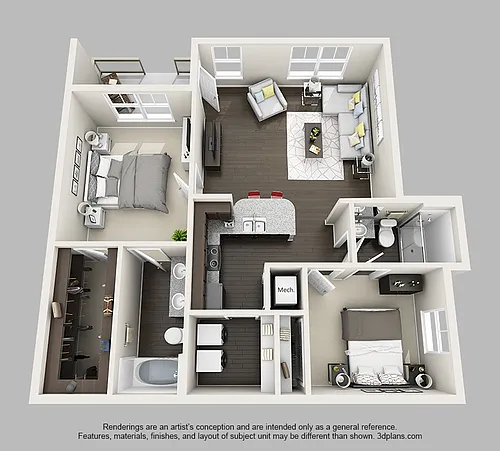 Floor plan 2 Bedroom 2 Bathroom Apartment with 969 Square Fee