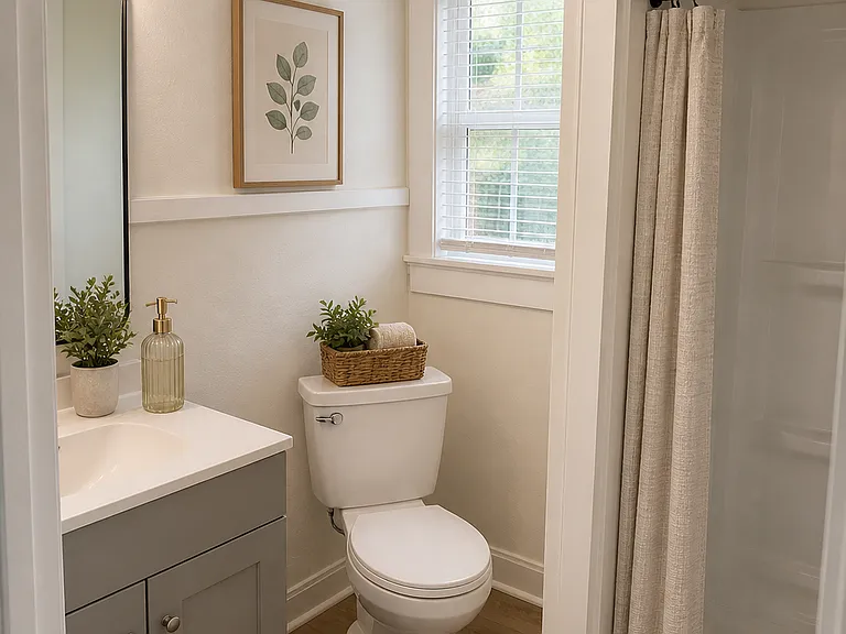 Efficient layout with updated finishes and full shower setup.