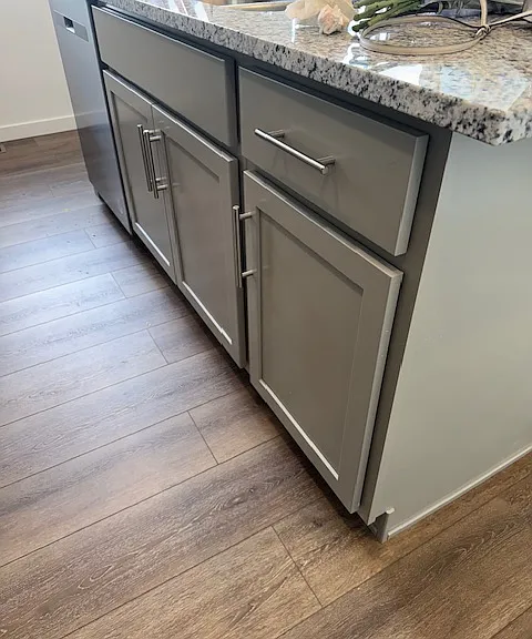 Granite kitchen island with stainless steel sink, dishwasher and addtional storage