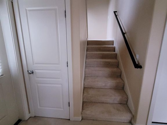 Deep storage closet under the stairs. To the left is back door that goes out onto a small wood deck