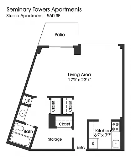 Floor plan Studio 1BA (560sf)