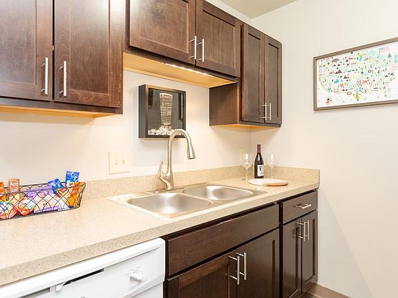 Each kitchen comes with a detachable sink faucet head, garbage disposal, and dishwasher. Wine is not included, unfortunately.