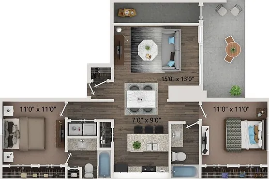 Two bedroom - two bathroom floor plan with full size washer and dryer connections. Ground floor homes offer wood plank style flooring all through out. Second floor homes offer carpet in the bedroom's and closets. Two bedroom - two bathroom floor plan with