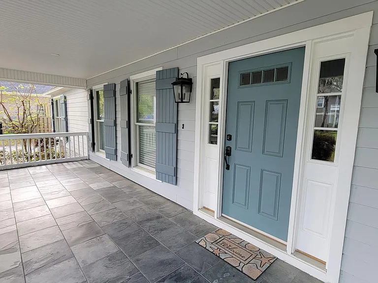 Expansive Front Porch with Slate Floor and Custom Wood Shutters, New Shingle Roof