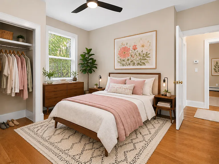 Virtually Staged. The second bedroom is a cozy space with plenty of natural light, storage, and can also be used as an office.