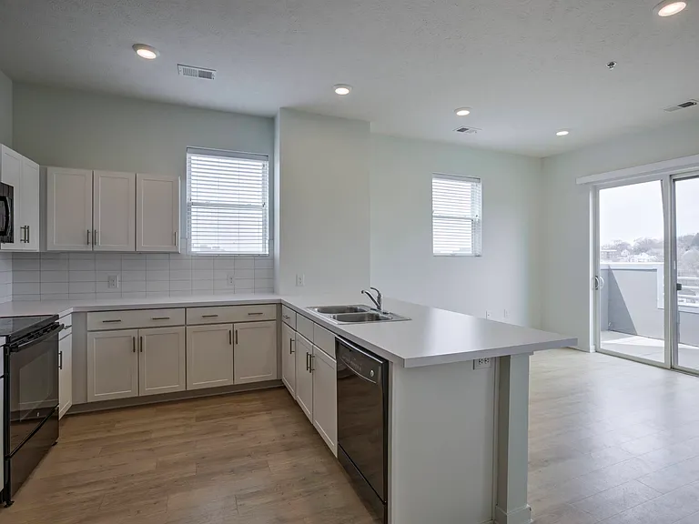 Kitchen, living room and balcony entrance in a unit at The Rise.