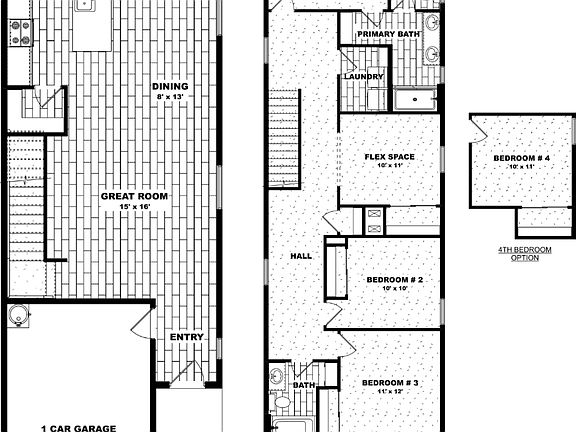 Black and white floor plan of a two-story house with a garage, porch, kitchen, great room, primary b