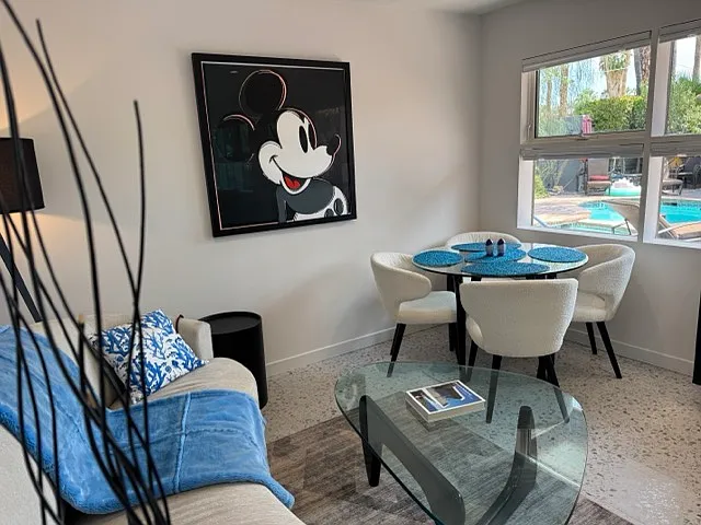 Den / Dining looking to pool. Featuring Andy Warhol Mickey Mouse. Early factory unsigned test run.