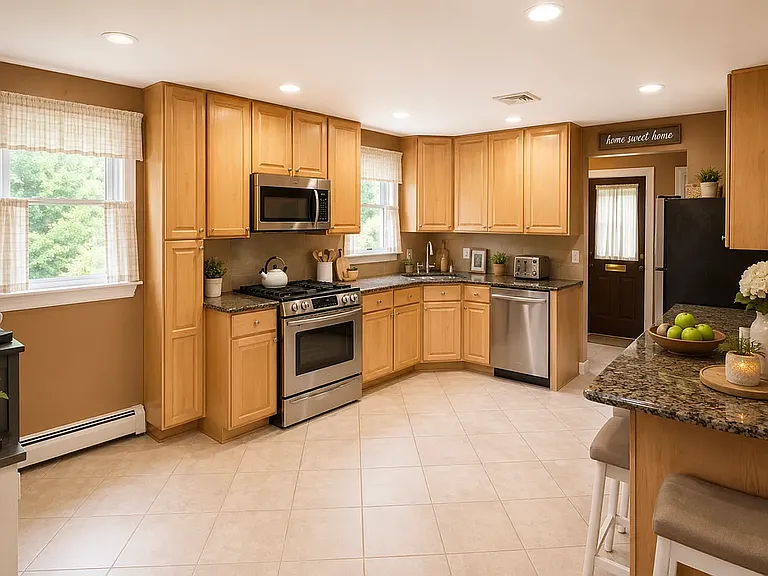 Open concept kitchen with attached granite table
