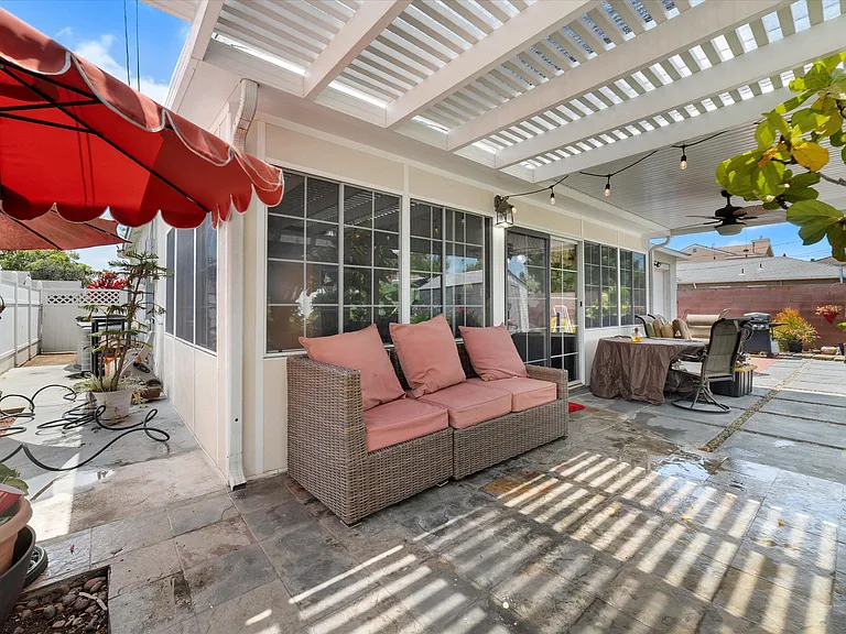 Shaded seating area in the backyard