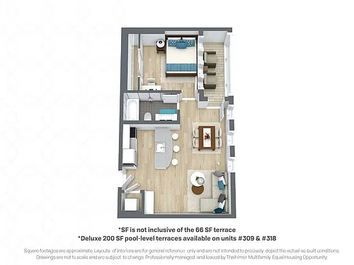 Floor plan Semmes | +66 sqft Terrace, Deluxe 200 SF pool-leve
