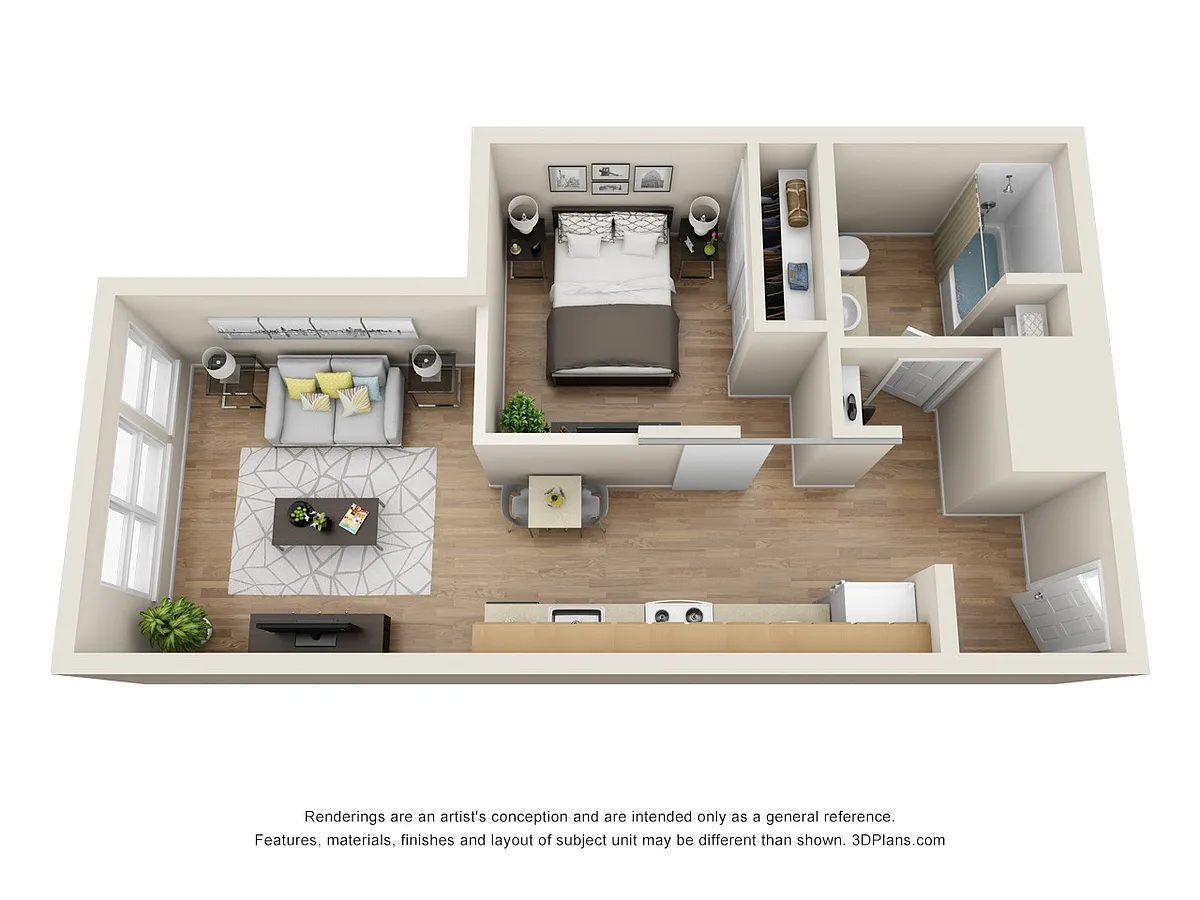Floor plan One Bedroom Open - 60% AMI
