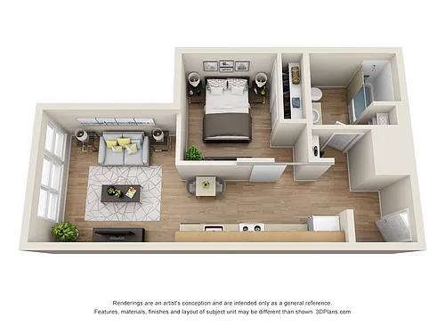 Floor plan One Bedroom Open - 60% AMI