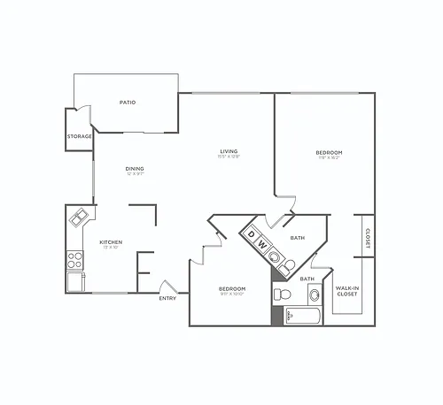 Floor plan Two Bedroom One and a Half Bath (1098 SF)