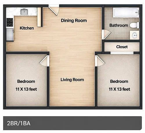 Floor plan 2 Bedroom - 1 Bath Apartment