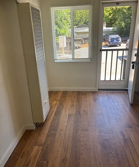 Living room looking out to parking lot