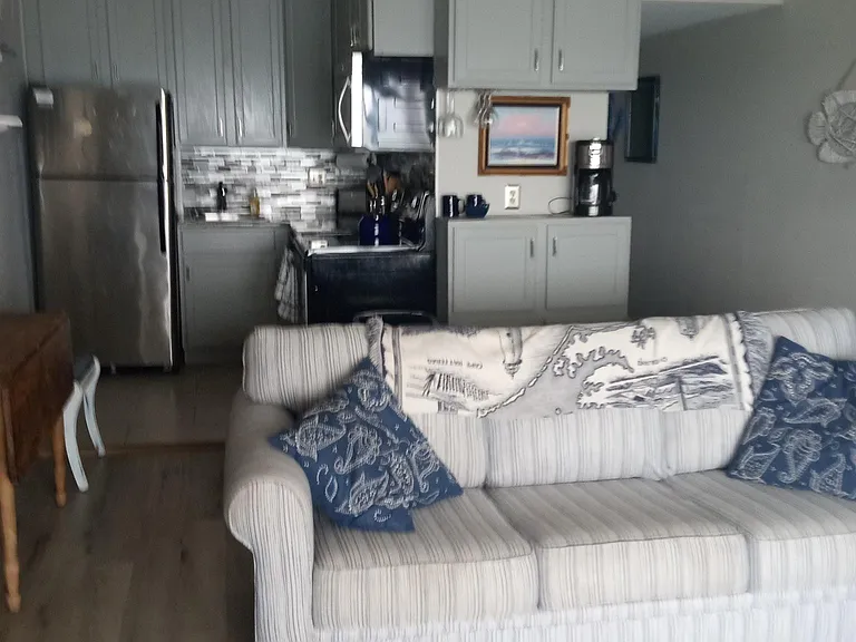 The kitchen is located at the back of the living area.