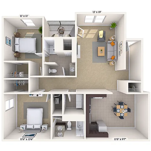Floor plan 2BR 2BA (1200 SF)