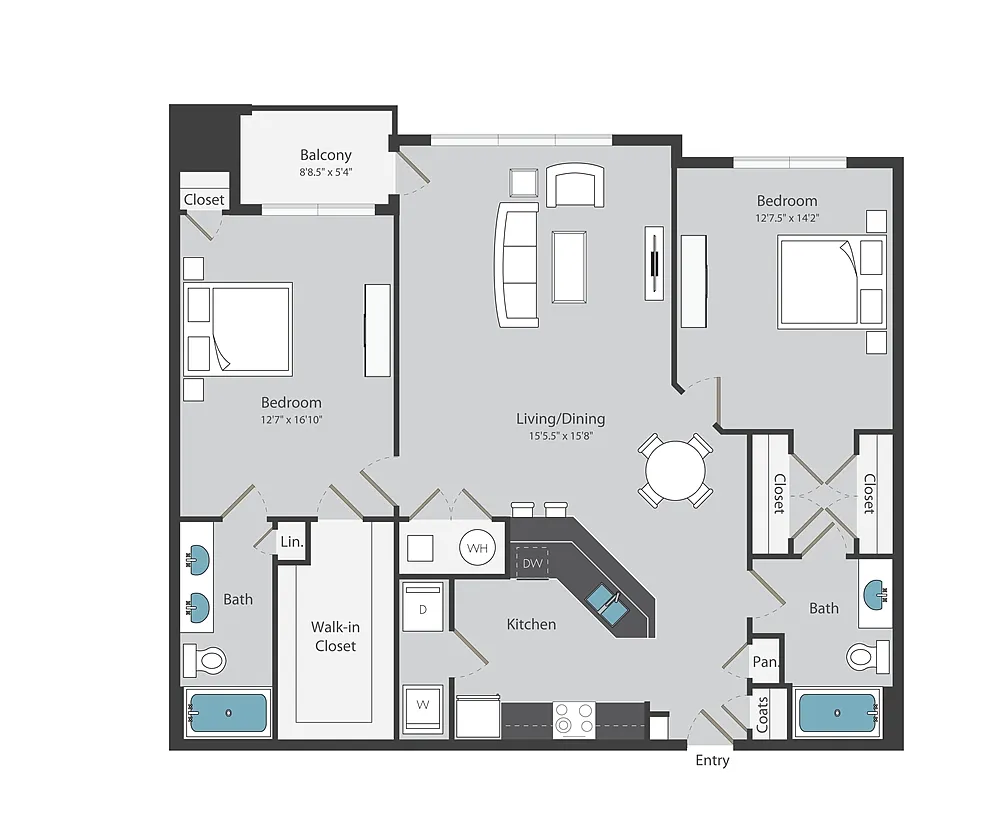 Floor plan 2 Bed/ 2 Bath (1255 sqft)