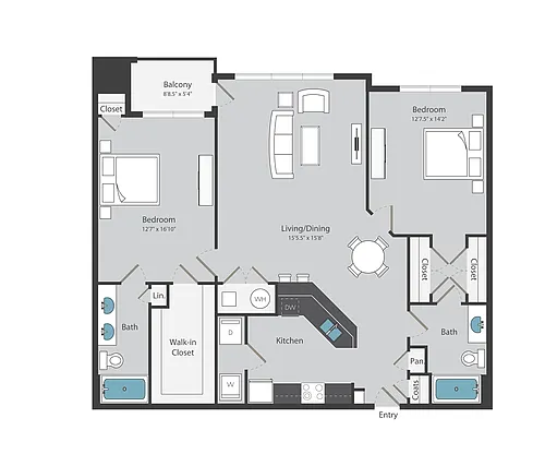 Floor plan 2 Bed/ 2 Bath (1255 sqft)