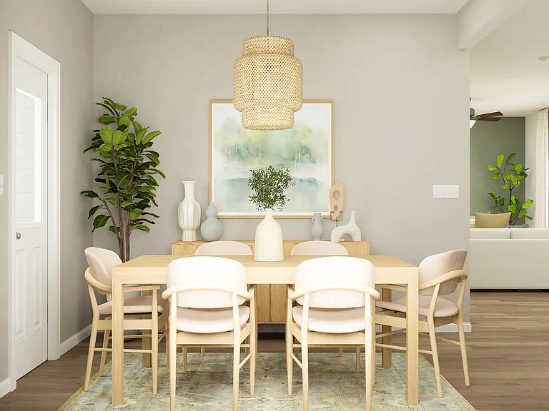Dining room with a six person table.