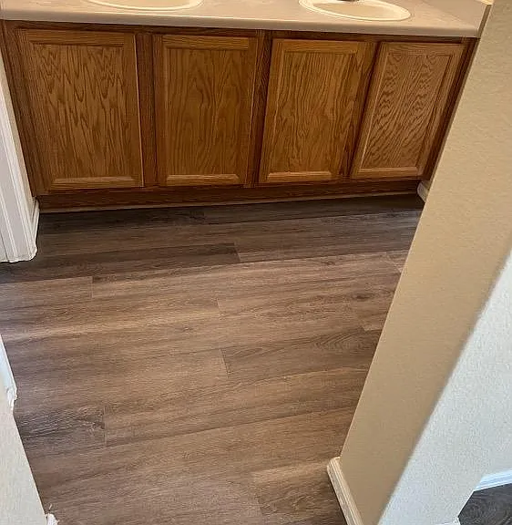 Looking into the sink area of the master bathroom. The walk-in closet is on the right, and the shower area is on the left.