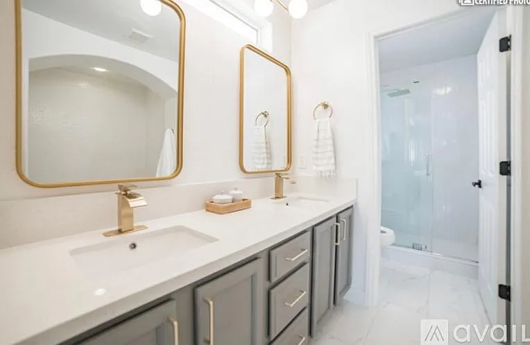 Double sink vanity in en suite bathroom with walk in shower