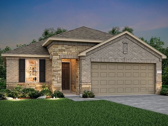 The Independence, a one-story home with 2-car garage, shown with Home Exterior R