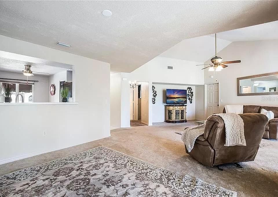 Living room with vaulted ceiling