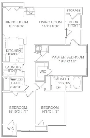 Floor plan Three Bed Two Bath with Patio-Renovated